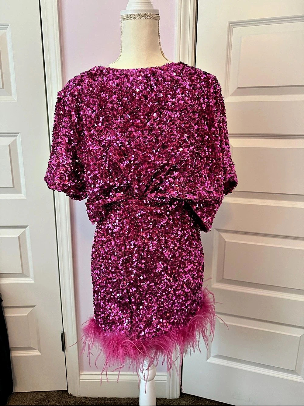 Fashion Nova Pink Sequin Crop Top and Matching Mini Skirt